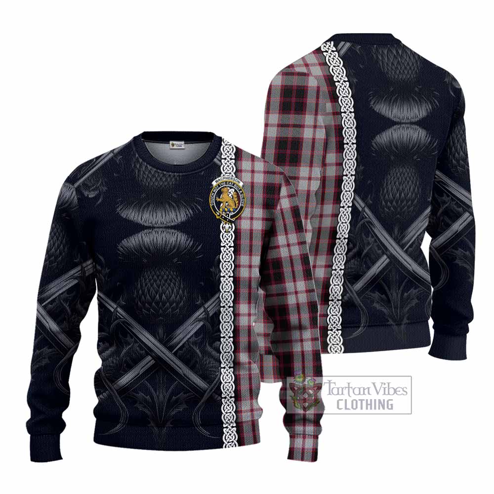 Tartan Vibes Clothing MacPherson (McPherson) Tartan Knitted Sweater with Family Crest Cross Sword Thistle Celtic Vibes