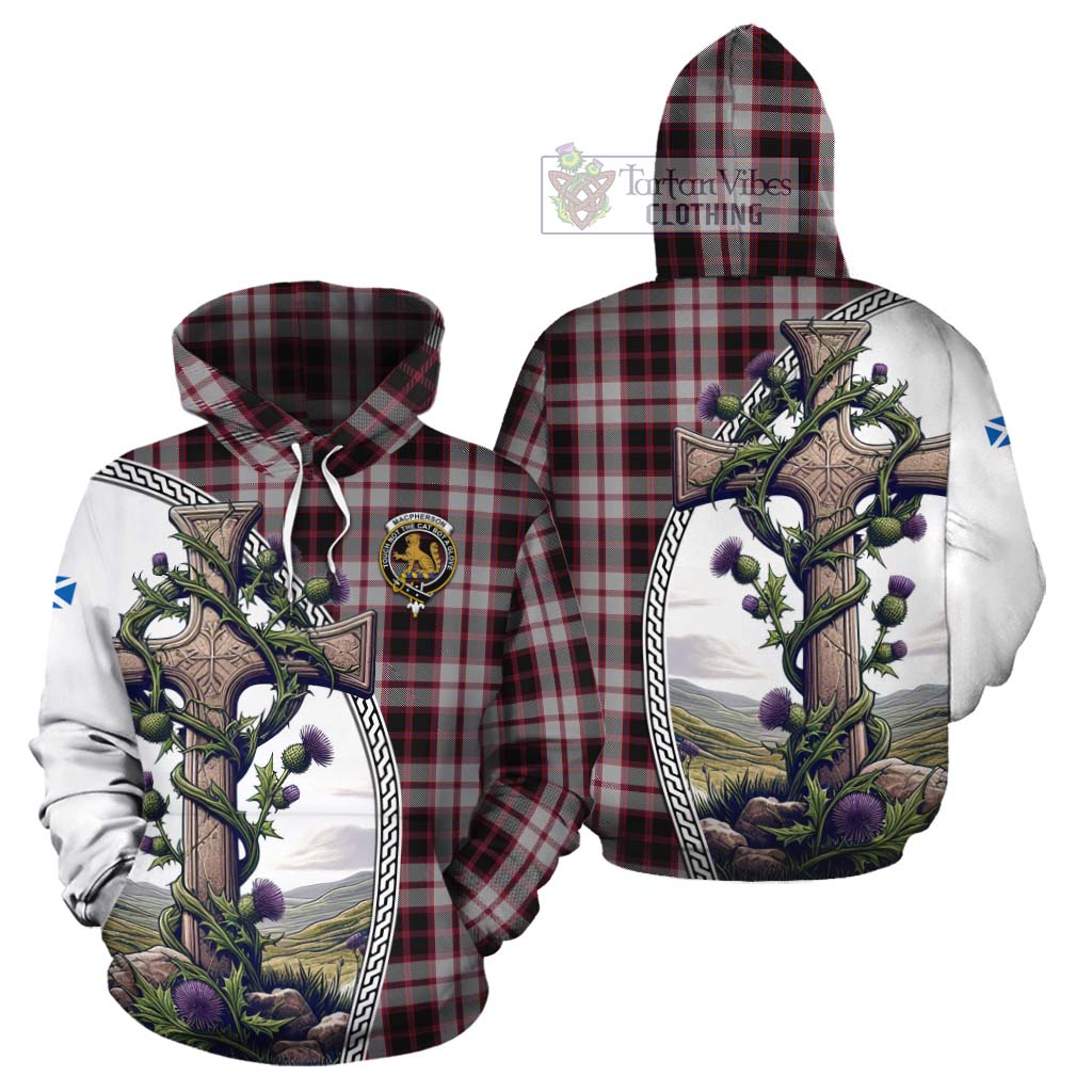 Tartan Vibes Clothing MacPherson (McPherson) Tartan Cotton Hoodie with Family Crest and St. Andrew's Cross Accented by Thistle Vines