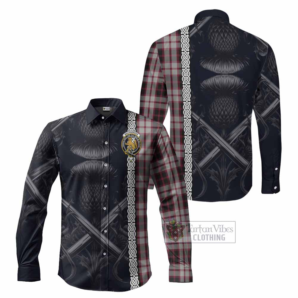 Tartan Vibes Clothing MacPherson (McPherson) Tartan Long Sleeve Button Shirt with Family Crest Cross Sword Thistle Celtic Vibes