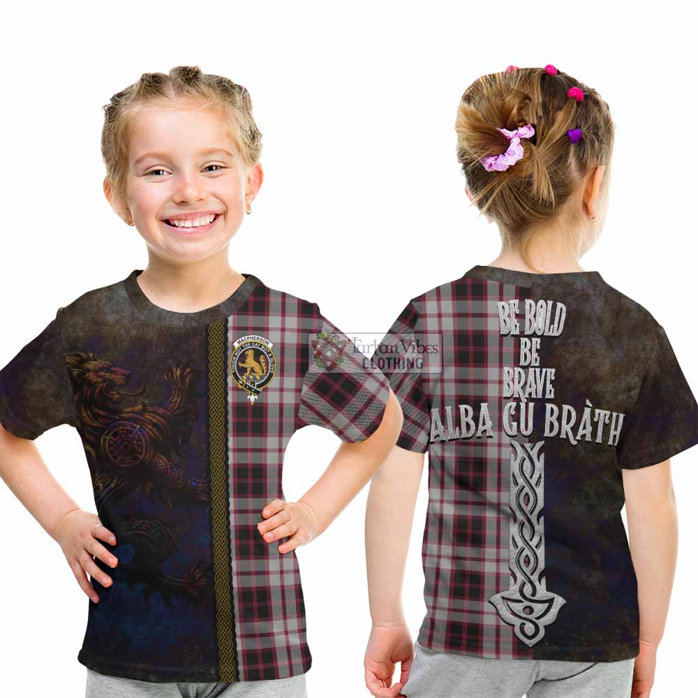 Tartan Vibes Clothing MacPherson (McPherson) Tartan Family Crest Kid T-Shirt Alba Gu Brath Be Brave Lion Ancient Style