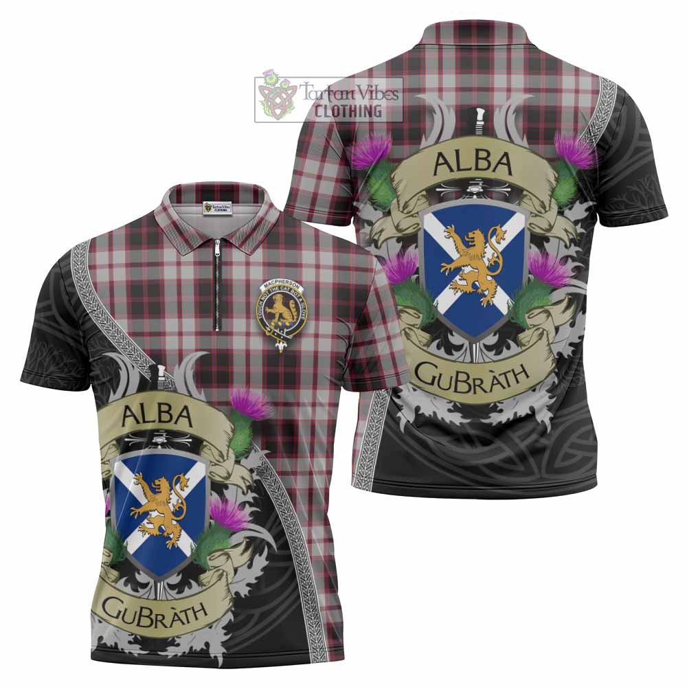 Tartan Vibes Clothing MacPherson (McPherson) Tartan Family Crest Zipper Polo Shirt Lion Rampant Royal Thistle Shield Celtic Inspired