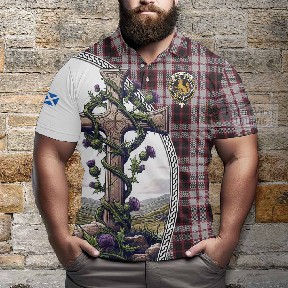Tartan Vibes Clothing MacPherson (McPherson) Tartan Polo Shirt with Family Crest and St. Andrew's Cross Accented by Thistle Vines