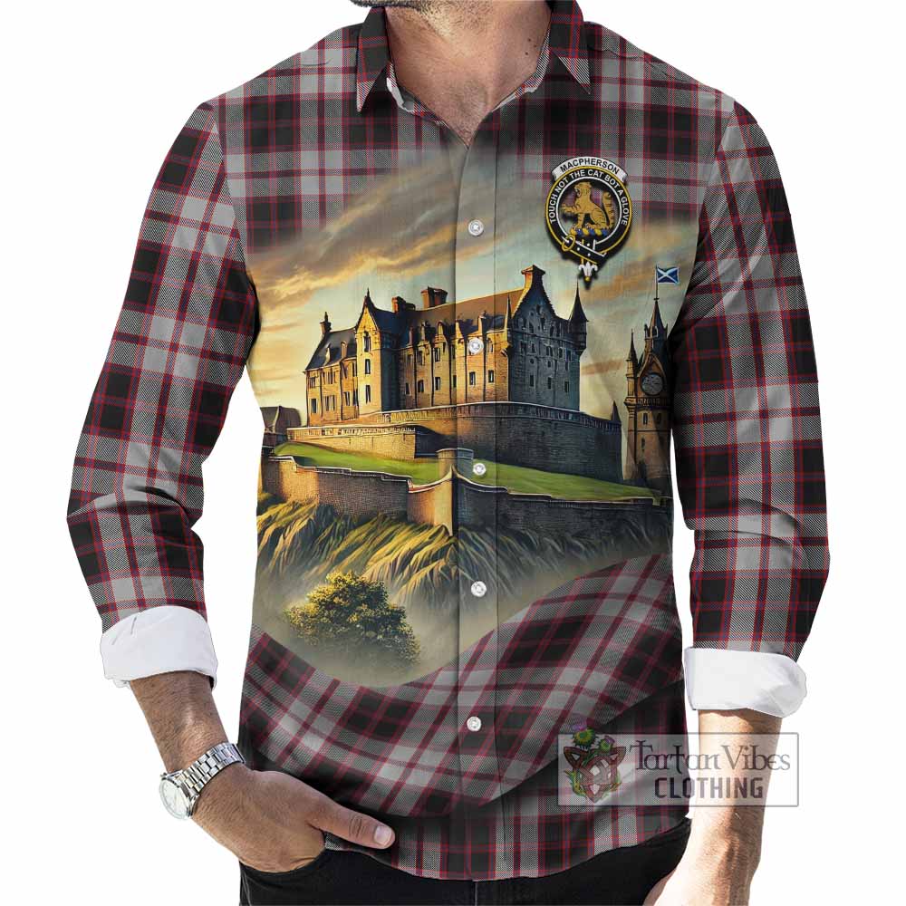Tartan Vibes Clothing MacPherson (McPherson) Tartan Family Crest Long Sleeve Button Shirt with Scottish Ancient Castle Style
