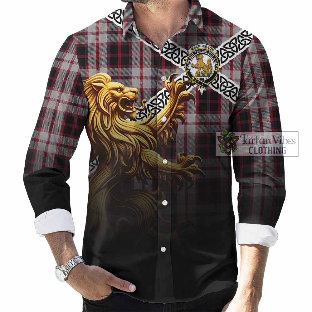 Tartan Vibes Clothing MacPherson (McPherson) Crest Tartan Long Sleeve Button Shirt with Golden Lion Emblem Celtic Style