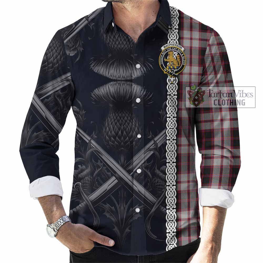 Tartan Vibes Clothing MacPherson (McPherson) Tartan Long Sleeve Button Shirt with Family Crest Cross Sword Thistle Celtic Vibes