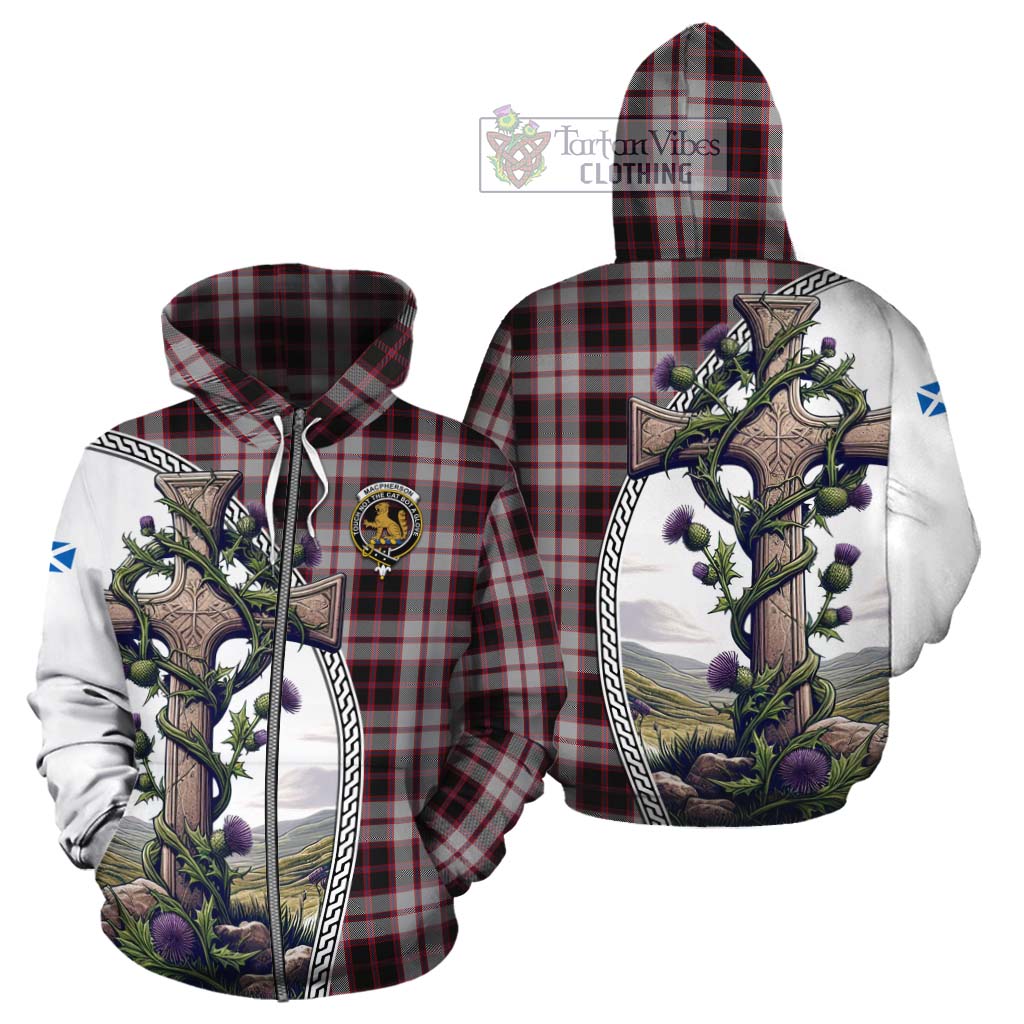 Tartan Vibes Clothing MacPherson (McPherson) Tartan Cotton Hoodie with Family Crest and St. Andrew's Cross Accented by Thistle Vines