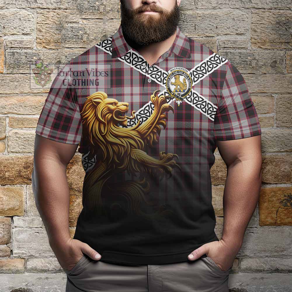 Tartan Vibes Clothing MacPherson (McPherson) Crest Tartan Polo Shirt with Golden Lion Emblem Celtic Style