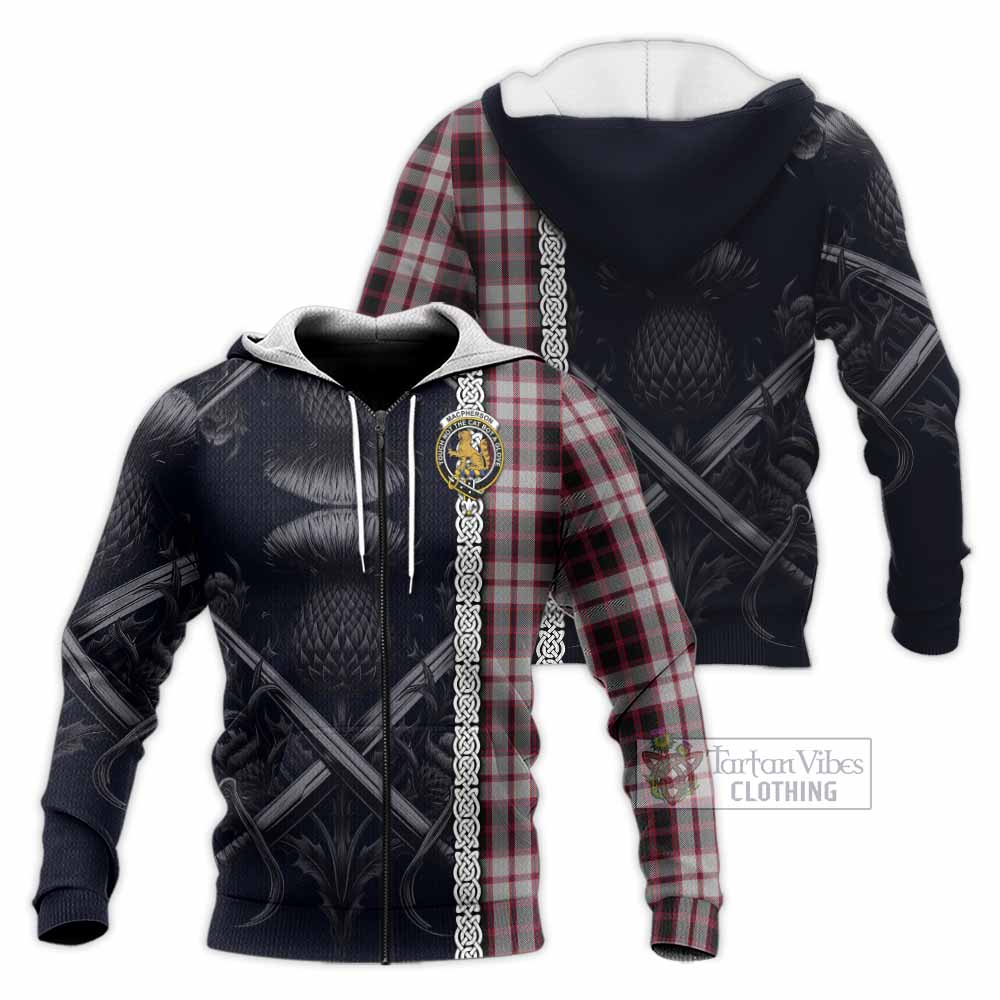 Tartan Vibes Clothing MacPherson (McPherson) Tartan Knitted Hoodie with Family Crest Cross Sword Thistle Celtic Vibes