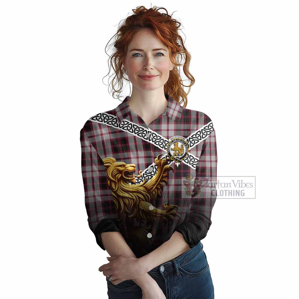 Tartan Vibes Clothing MacPherson (McPherson) Crest Tartan Women's Casual Shirt with Golden Lion Emblem Celtic Style