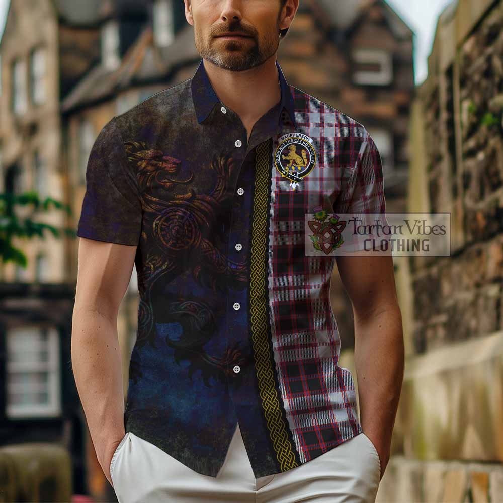 Tartan Vibes Clothing MacPherson (McPherson) Tartan Family Crest Short Sleeve Button Shirt Alba Gu Brath Be Brave Lion Ancient Style