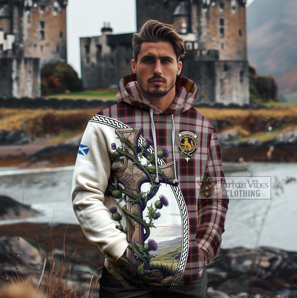 Tartan Vibes Clothing MacPherson (McPherson) Tartan Cotton Hoodie with Family Crest and St. Andrew's Cross Accented by Thistle Vines
