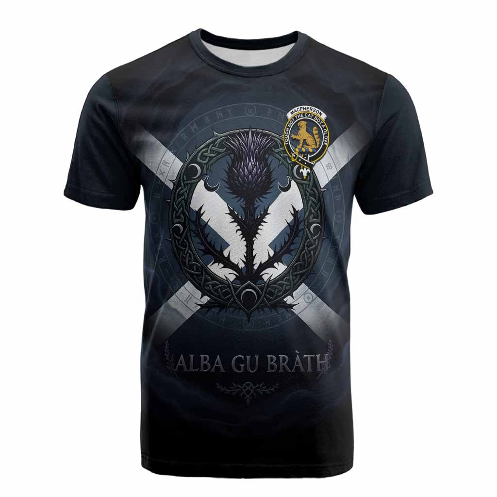 MacPherson (McPherson) Clan Crest Cotton T-shirt with Celtic Knot Thistle and Saltire