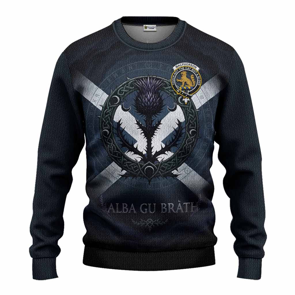 MacPherson (McPherson) Clan Crest Knitted Sweater with Celtic Knot Thistle and Saltire