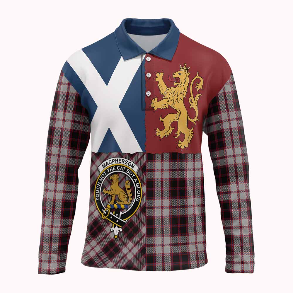 MacPherson (McPherson) Crest Tartan Long Sleeve Polo Shirt with Lion Rampant Saltire Style