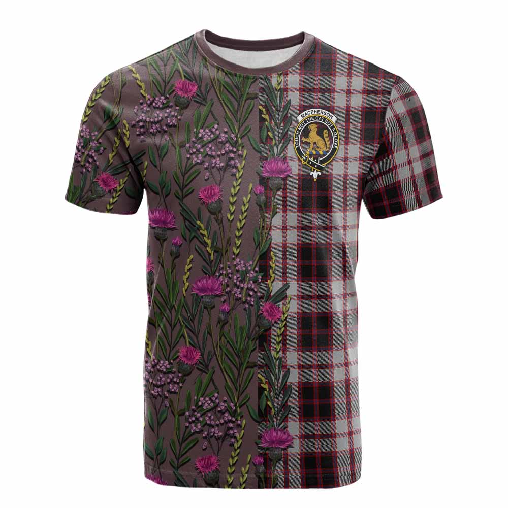 MacPherson (McPherson) Family Crest Tartan Cotton T-shirt Scottish Thistle Flower Pattern Half Style - Tartan Vibes Clothing