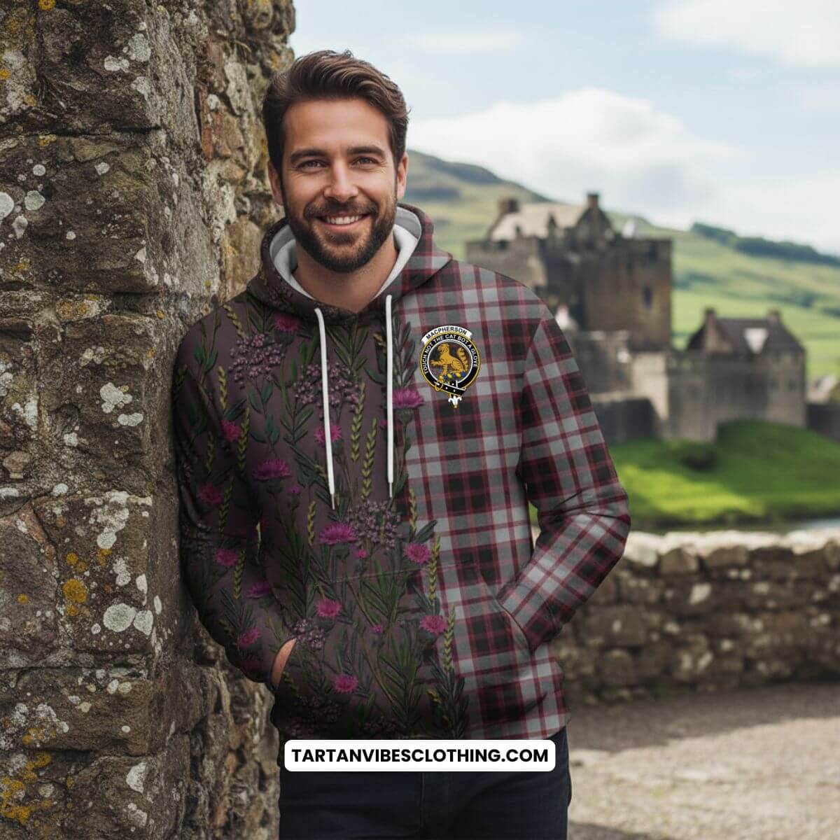 MacPherson (McPherson) Family Crest Tartan Hoodie Scottish Thistle Flower Pattern Half Style