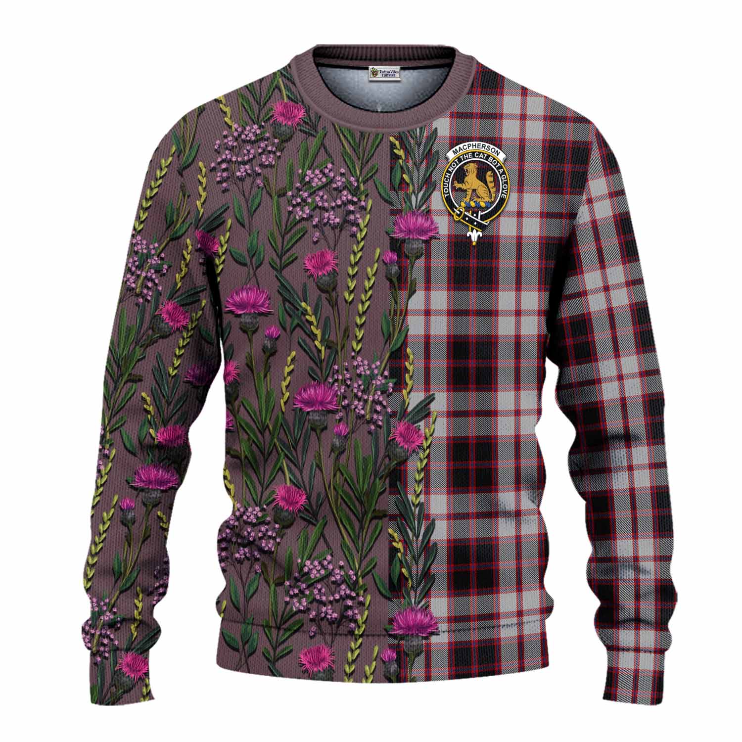 MacPherson (McPherson) Family Crest Tartan Knitted Sweater Scottish Thistle Flower Pattern Half Style - Tartan Vibes Clothing