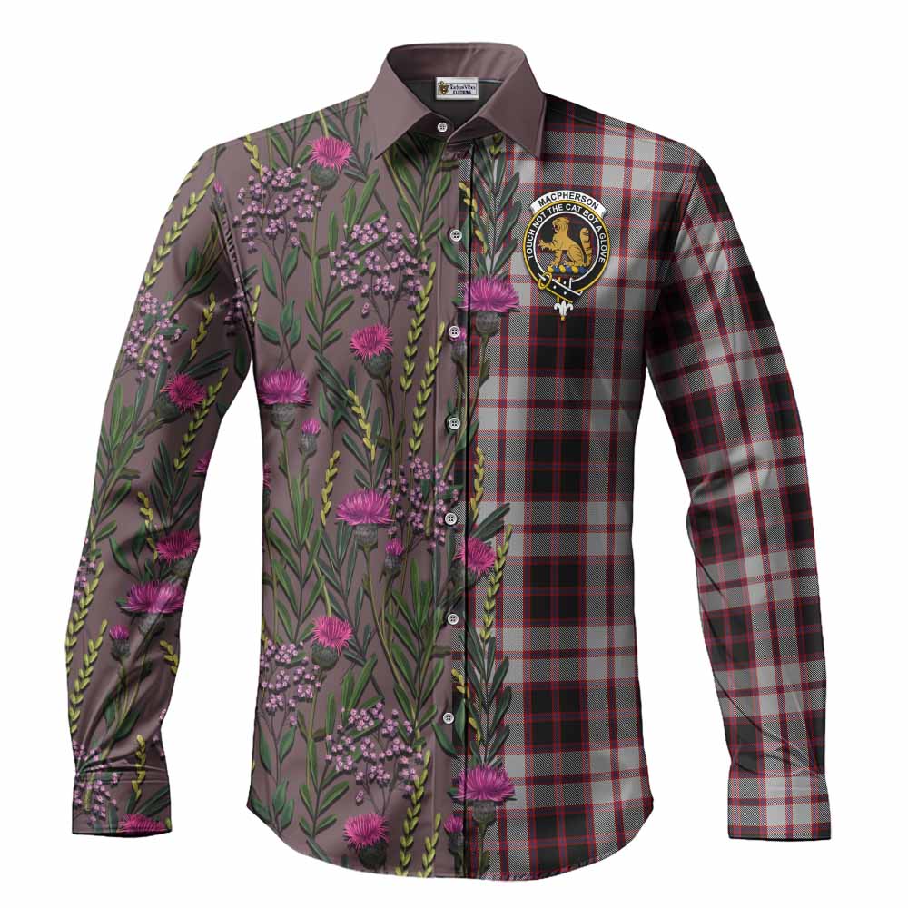 MacPherson (McPherson) Family Crest Tartan Long Sleeve Button Shirts Scottish Thistle Flower Pattern Half Style - Tartan Vibes Clothing