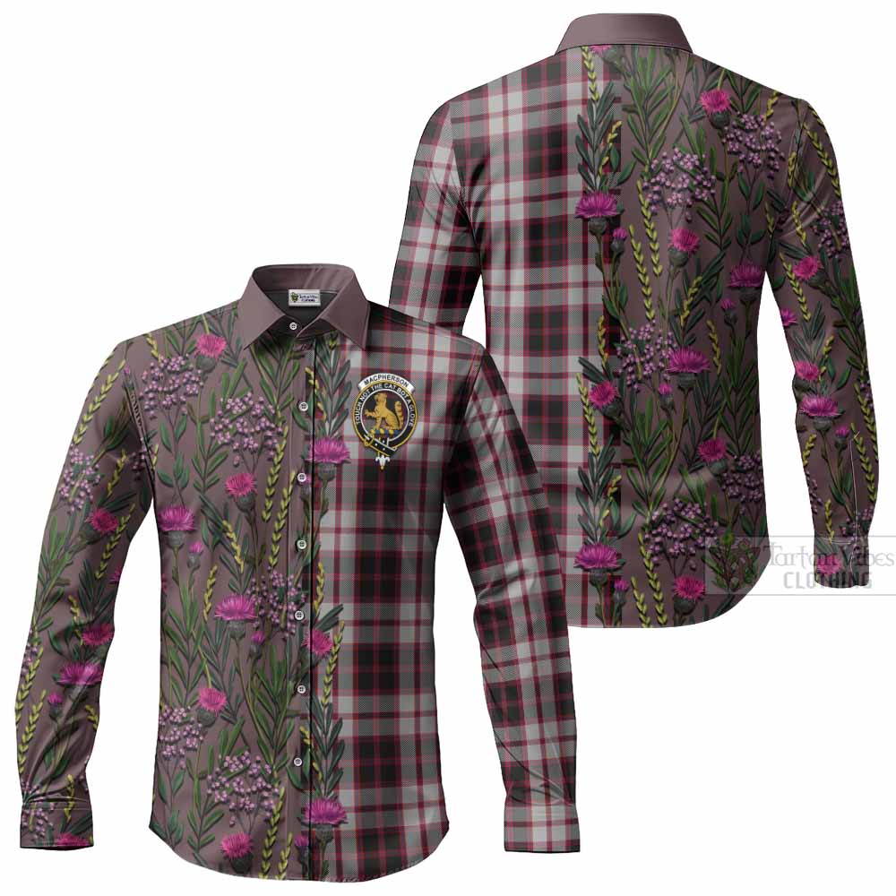 MacPherson (McPherson) Family Crest Tartan Long Sleeve Button Shirts Scottish Thistle Flower Pattern Half Style - Tartan Vibes Clothing