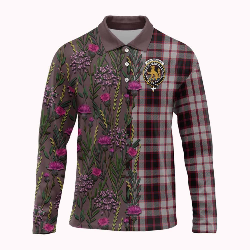 MacPherson (McPherson) Family Crest Tartan Long Sleeve Polo Shirt Scottish Thistle Flower Pattern Half Style - Tartan Vibes Clothing