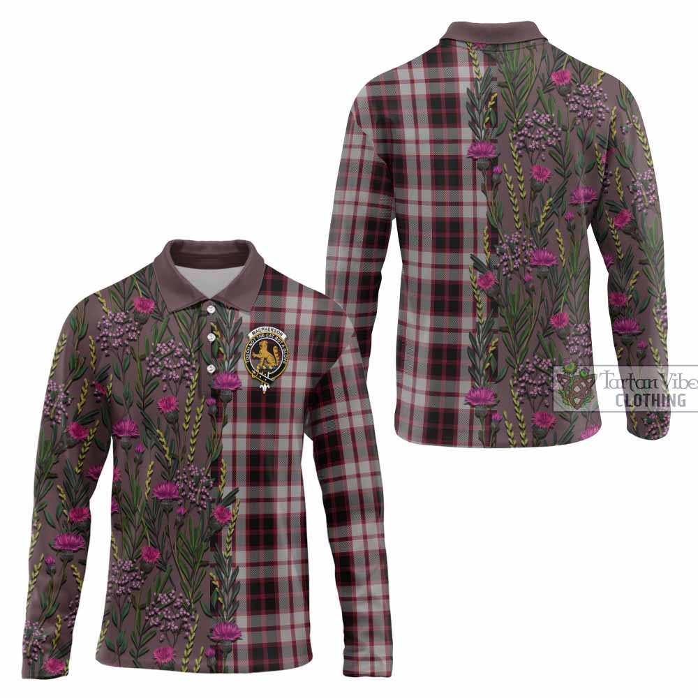 MacPherson (McPherson) Family Crest Tartan Long Sleeve Polo Shirt Scottish Thistle Flower Pattern Half Style - Tartan Vibes Clothing