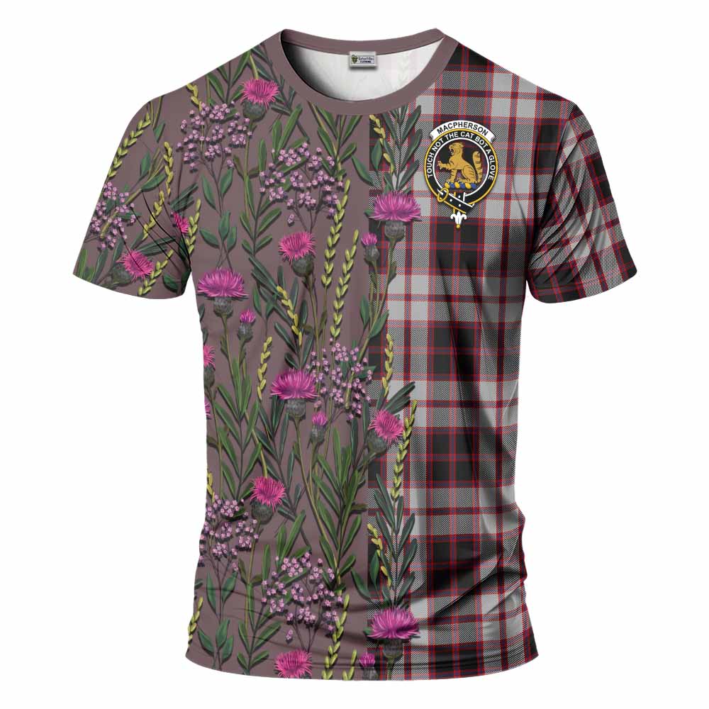 MacPherson (McPherson) Family Crest Tartan T-Shirt Scottish Thistle Flower Pattern Half Style - Tartan Vibes Clothing