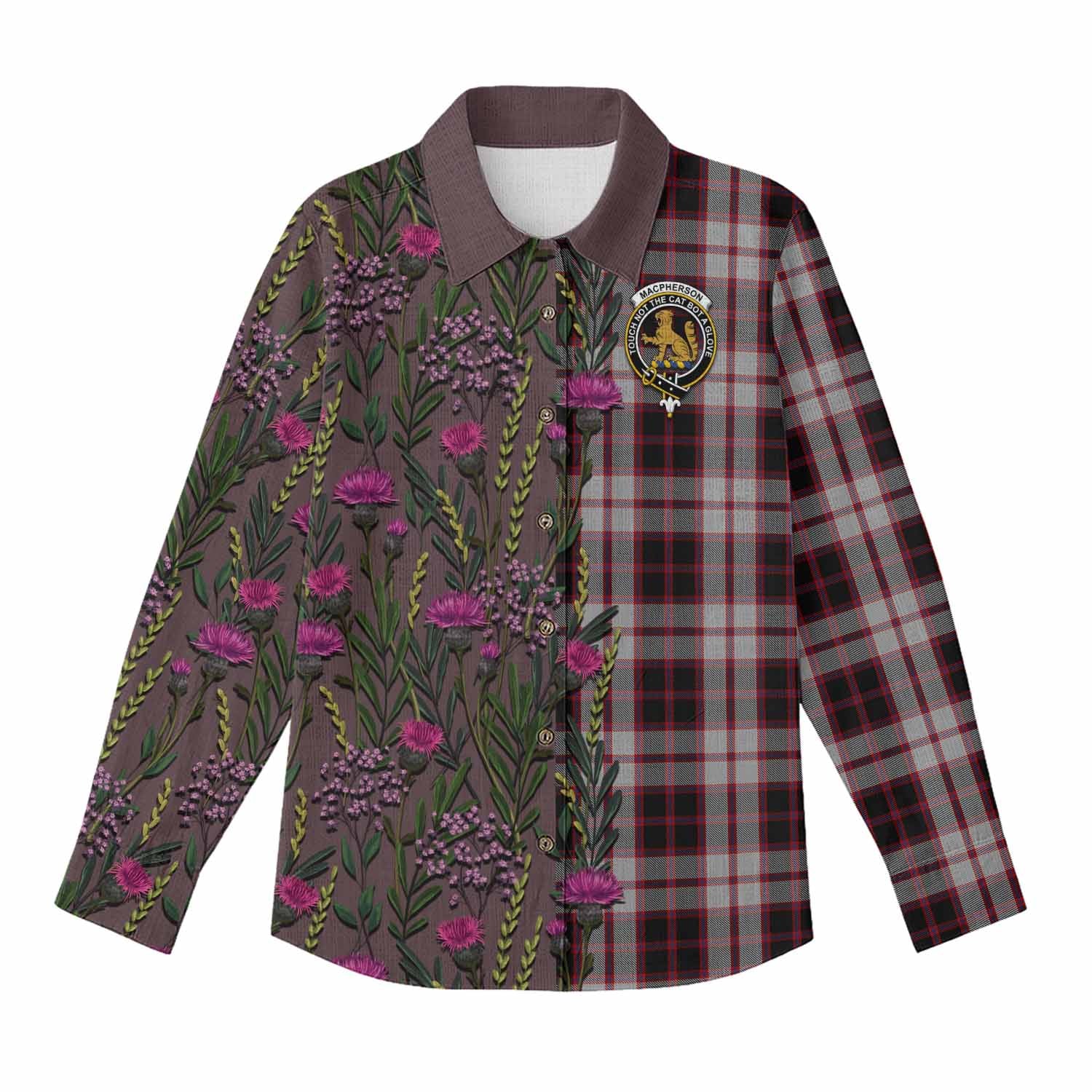 MacPherson (McPherson) Family Crest Tartan Women Casual Shirt Scottish Thistle Flower Pattern Half Style - Tartan Vibes Clothing