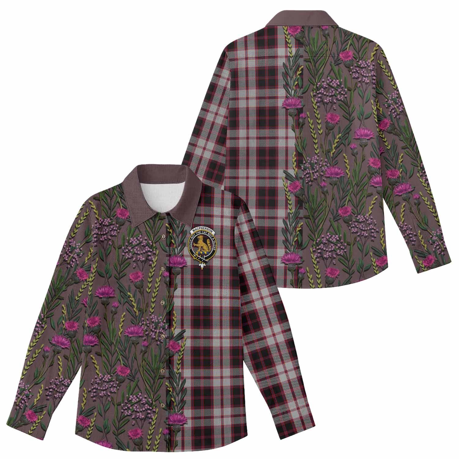 MacPherson (McPherson) Family Crest Tartan Women Casual Shirt Scottish Thistle Flower Pattern Half Style - Tartan Vibes Clothing