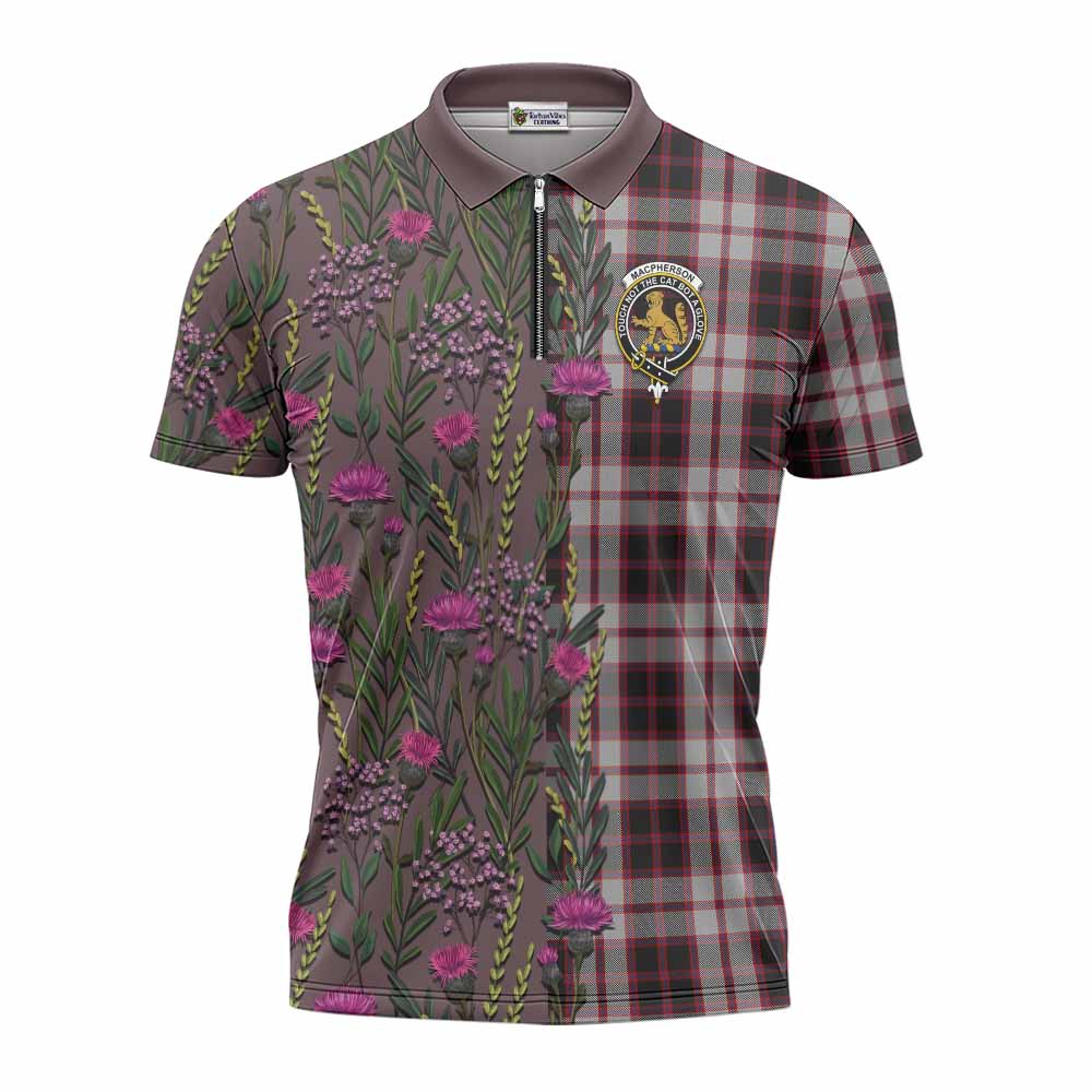 MacPherson (McPherson) Family Crest Tartan Zipper Polo Shirt Scottish Thistle Flower Pattern Half Style - Tartan Vibes Clothing