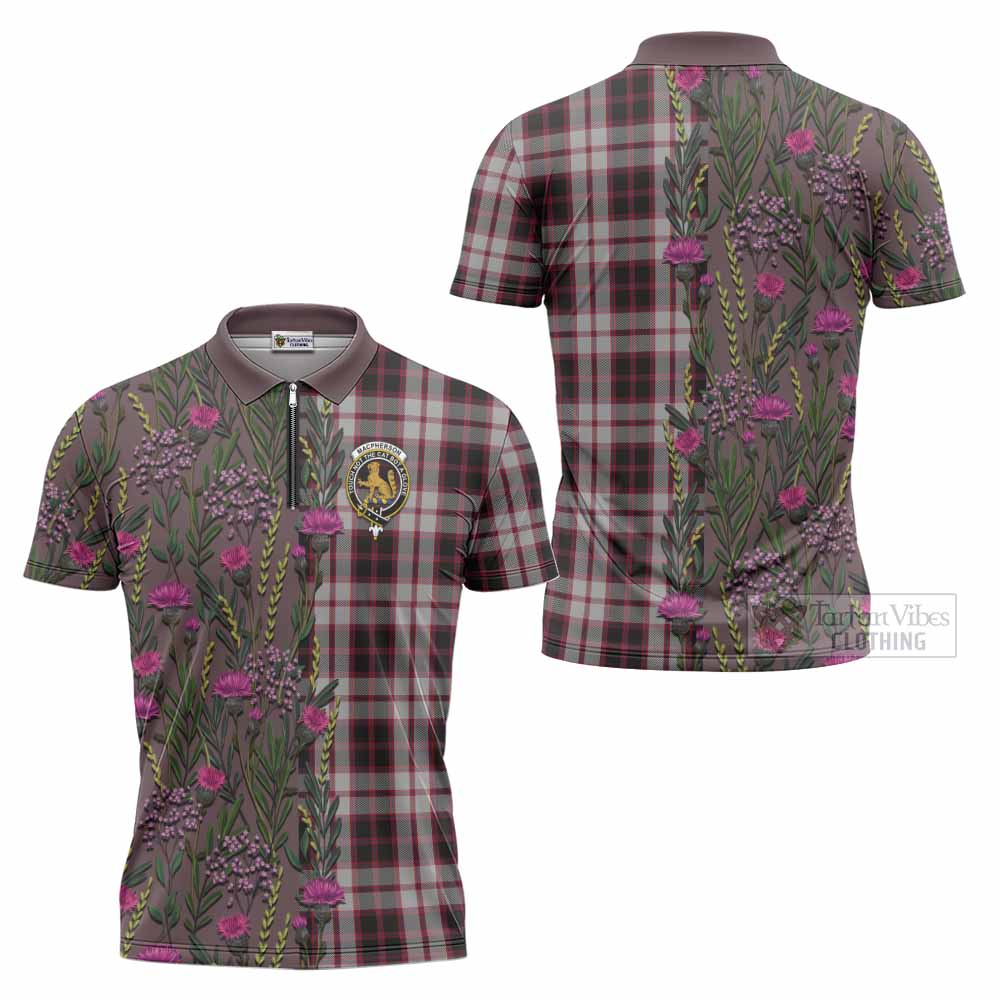 MacPherson (McPherson) Family Crest Tartan Zipper Polo Shirt Scottish Thistle Flower Pattern Half Style - Tartan Vibes Clothing