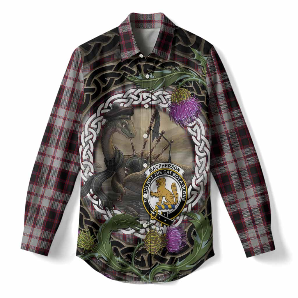 MacPherson (McPherson) Tartan Crest Bagpipe Nessie Women Casual Shirt Scottish Loch Ness Monster Celtic Thistle