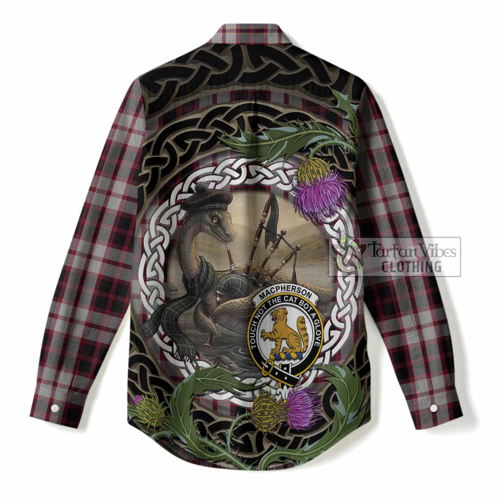 MacPherson (McPherson) Tartan Crest Bagpipe Nessie Women Casual Shirt Scottish Loch Ness Monster Celtic Thistle
