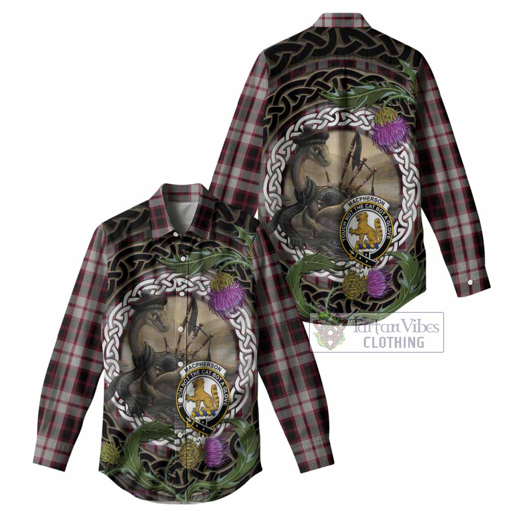 MacPherson (McPherson) Tartan Crest Bagpipe Nessie Women Casual Shirt Scottish Loch Ness Monster Celtic Thistle