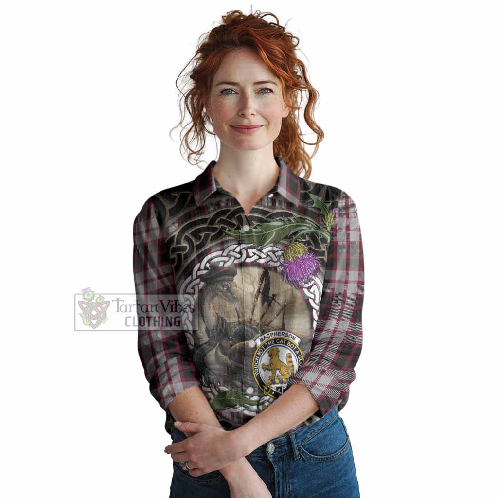 MacPherson (McPherson) Tartan Crest Bagpipe Nessie Women Casual Shirt Scottish Loch Ness Monster Celtic Thistle