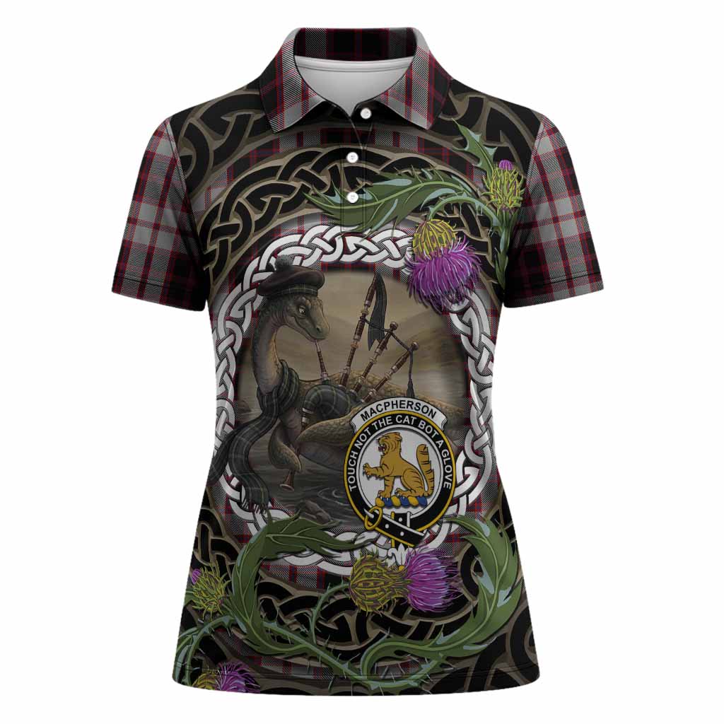 MacPherson (McPherson) Tartan Crest Bagpipe Nessie Women Polo Shirt Scottish Loch Ness Monster Celtic Thistle