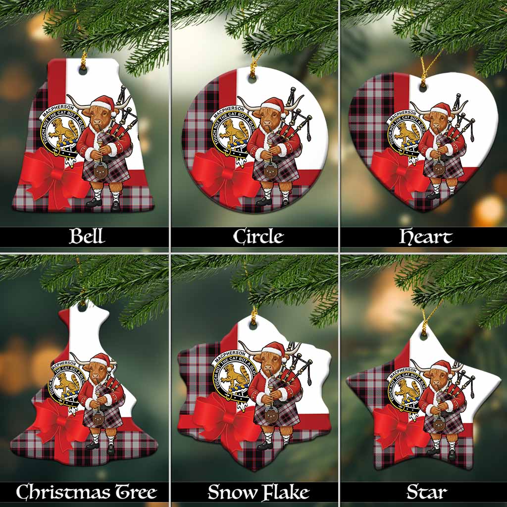MacPherson (McPherson) Tartan Crest Christmas Ceramic Ornament Highland Cow Bagpipes Coquette Bow Style