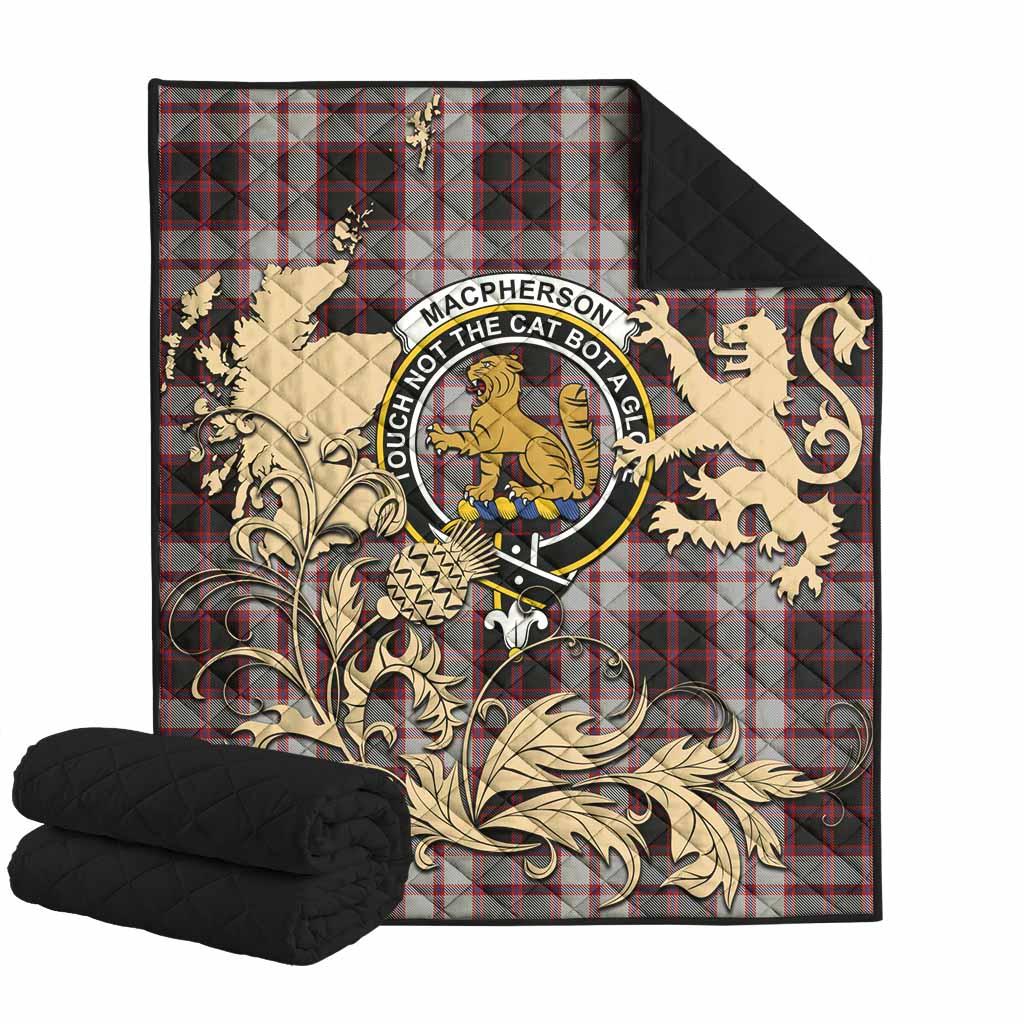 MacPherson (McPherson) Tartan Crest Premium Quilt with Scottish Iconic Symbols 