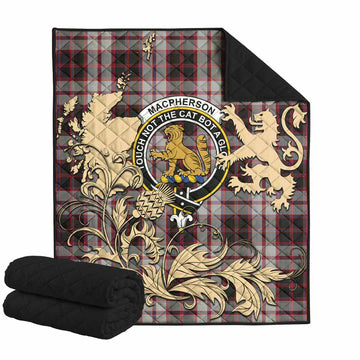 MacPherson (McPherson) Tartan Crest Premium Quilt with Scottish Iconic Symbols 