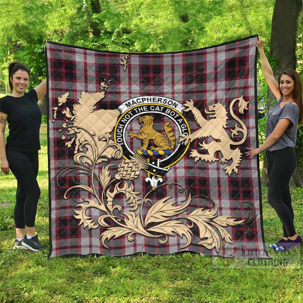 MacPherson (McPherson) Tartan Crest Premium Quilt with Scottish Iconic Symbols 