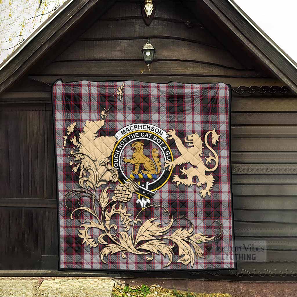 MacPherson (McPherson) Tartan Crest Premium Quilt with Scottish Iconic Symbols 