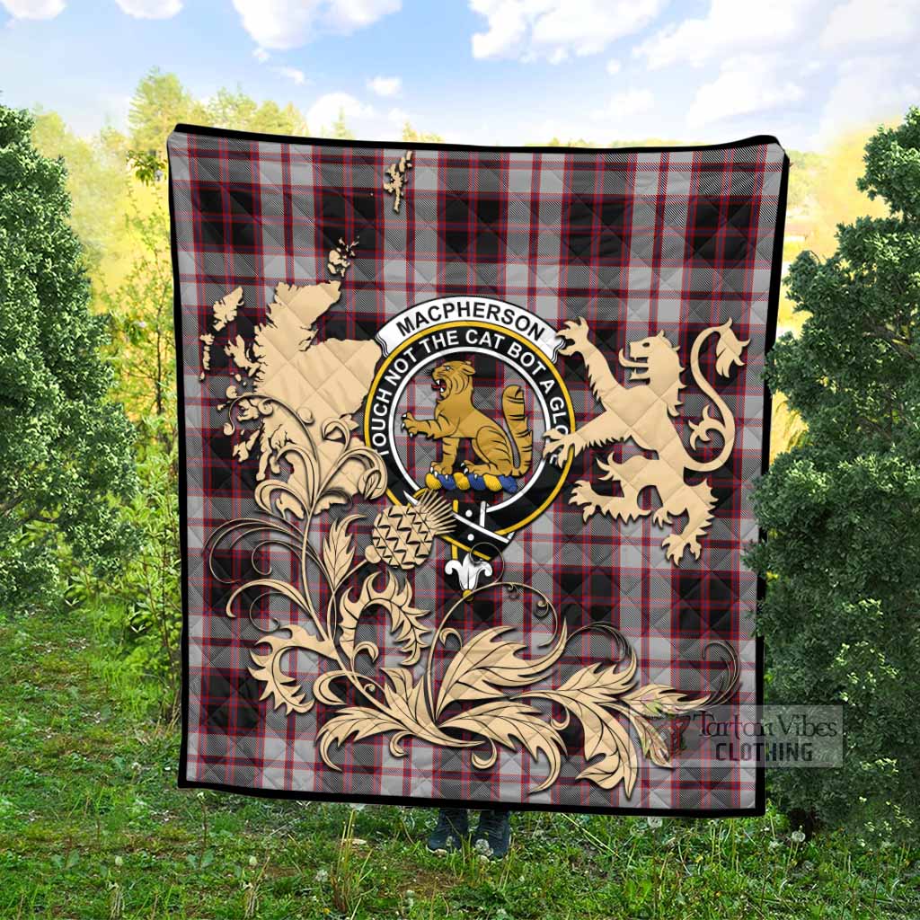 MacPherson (McPherson) Tartan Crest Premium Quilt with Scottish Iconic Symbols 