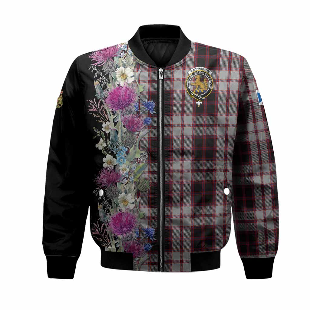 MacPherson (McPherson) Tartan Crest Thistle Floral Bomber Jacket Unisex Black - Tartan Vibes Clothing