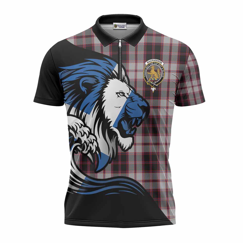 MacPherson (McPherson) Tartan Crest Zipper Polo Shirt Scottish Golden Lions Wave Flow