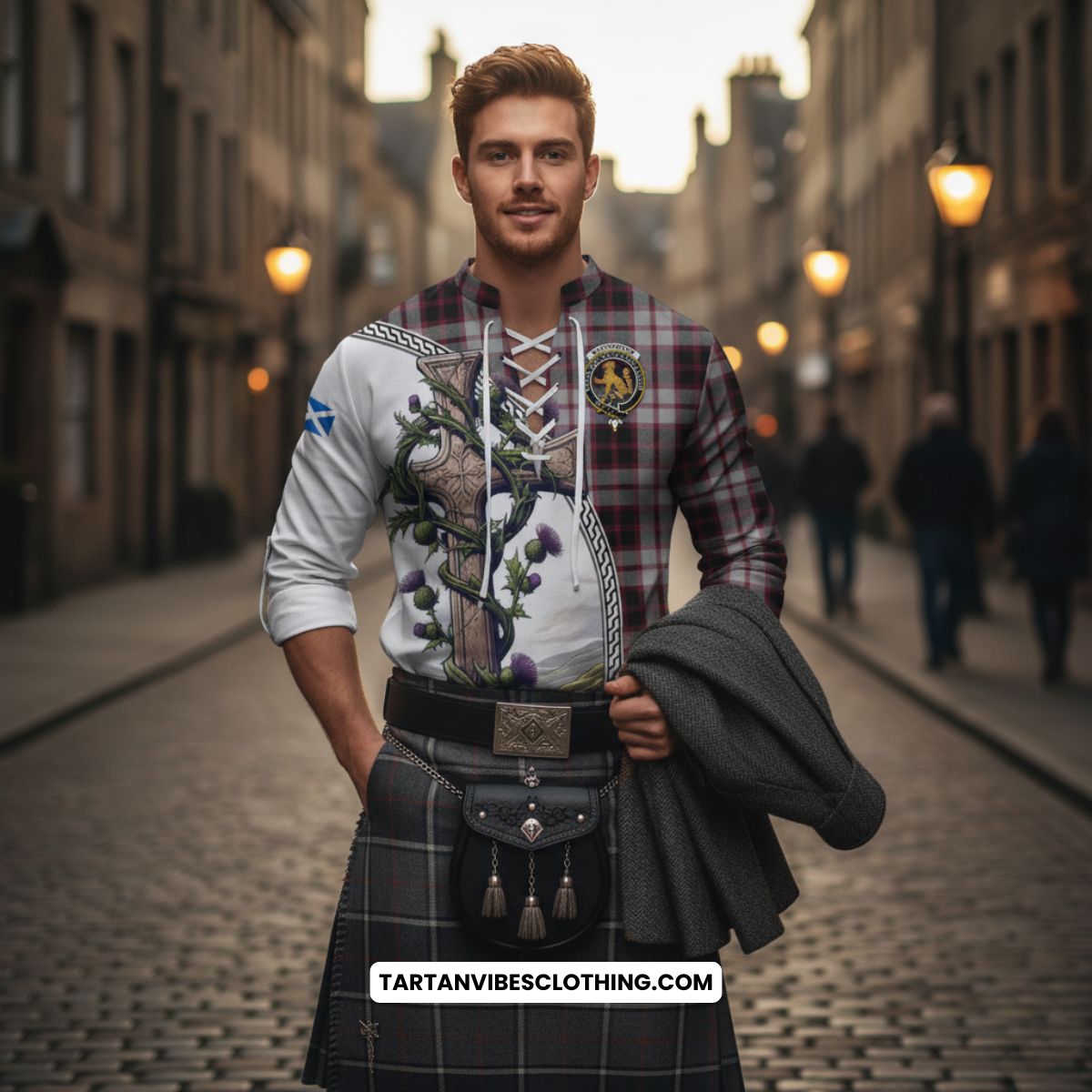 MacPherson (McPherson) Tartan Ghillie Kilt Shirt with Family Crest and St. Andrew's Cross Accented by Thistle Vines
