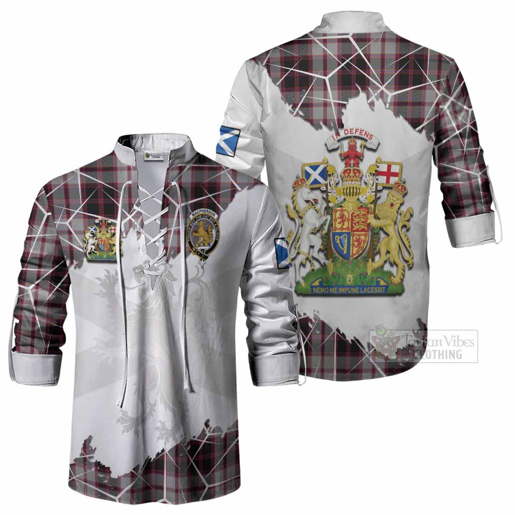 MacPherson (McPherson) Tartan Ghillie Shirt with Family Crest and Lion Rampant Grunge Style
