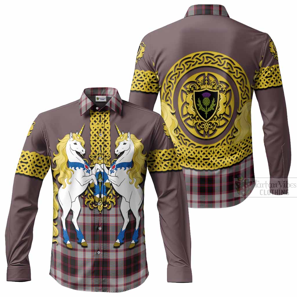 MacPherson (McPherson) Tartan Long Sleeve Button Shirts Unicorn Celtic Knot And Thistle Emblem Men's Shirt - Tartan Vibes Clothing