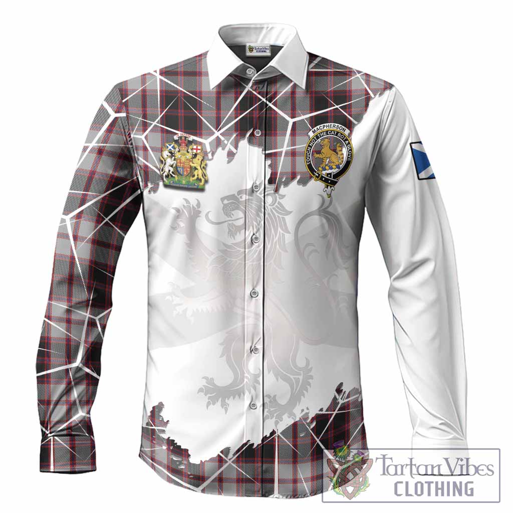 MacPherson (McPherson) Tartan Long Sleeve Button Shirts with Family Crest and Lion Rampant Grunge Style