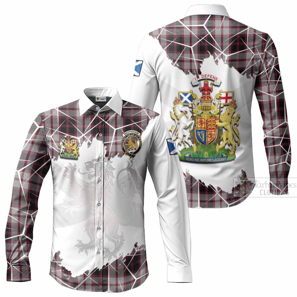 MacPherson (McPherson) Tartan Long Sleeve Button Shirts with Family Crest and Lion Rampant Grunge Style