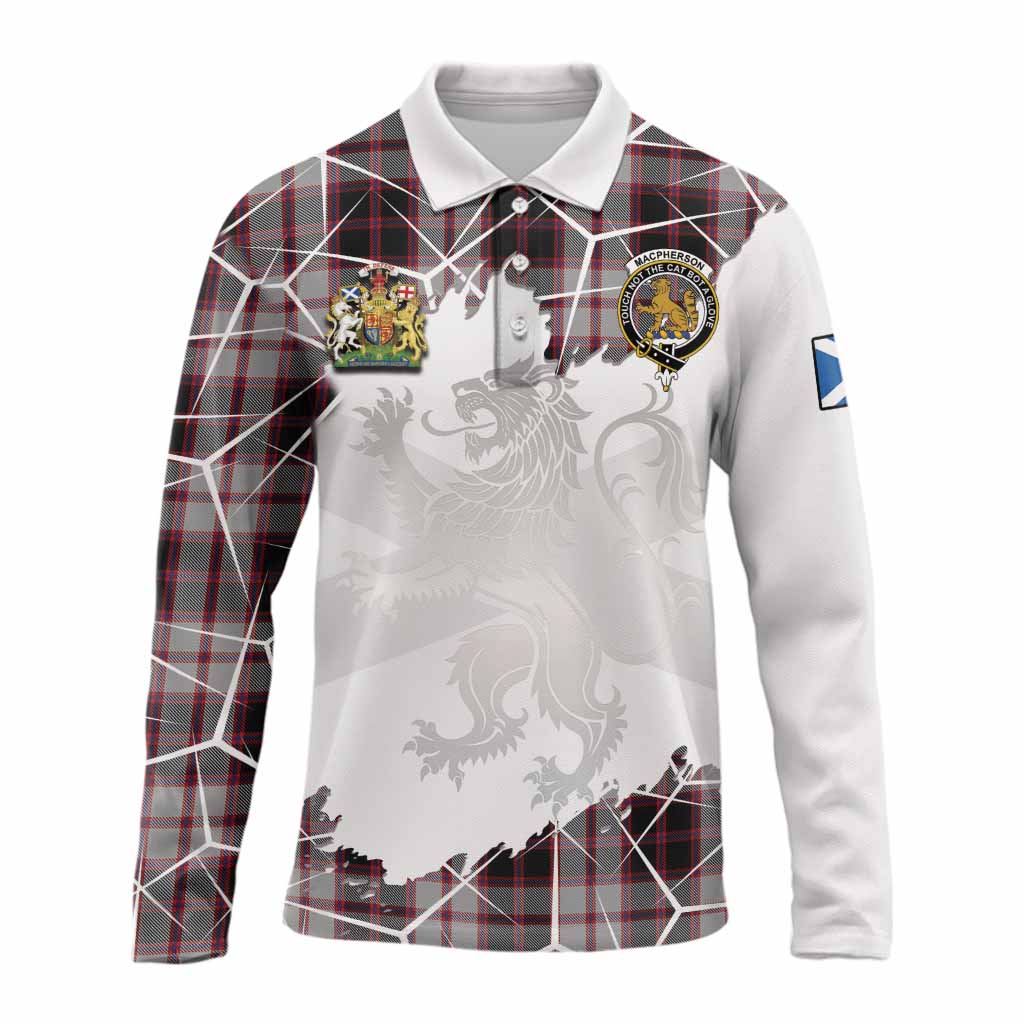 MacPherson (McPherson) Tartan Long Sleeve Polo Shirt with Family Crest and Lion Rampant Grunge Style