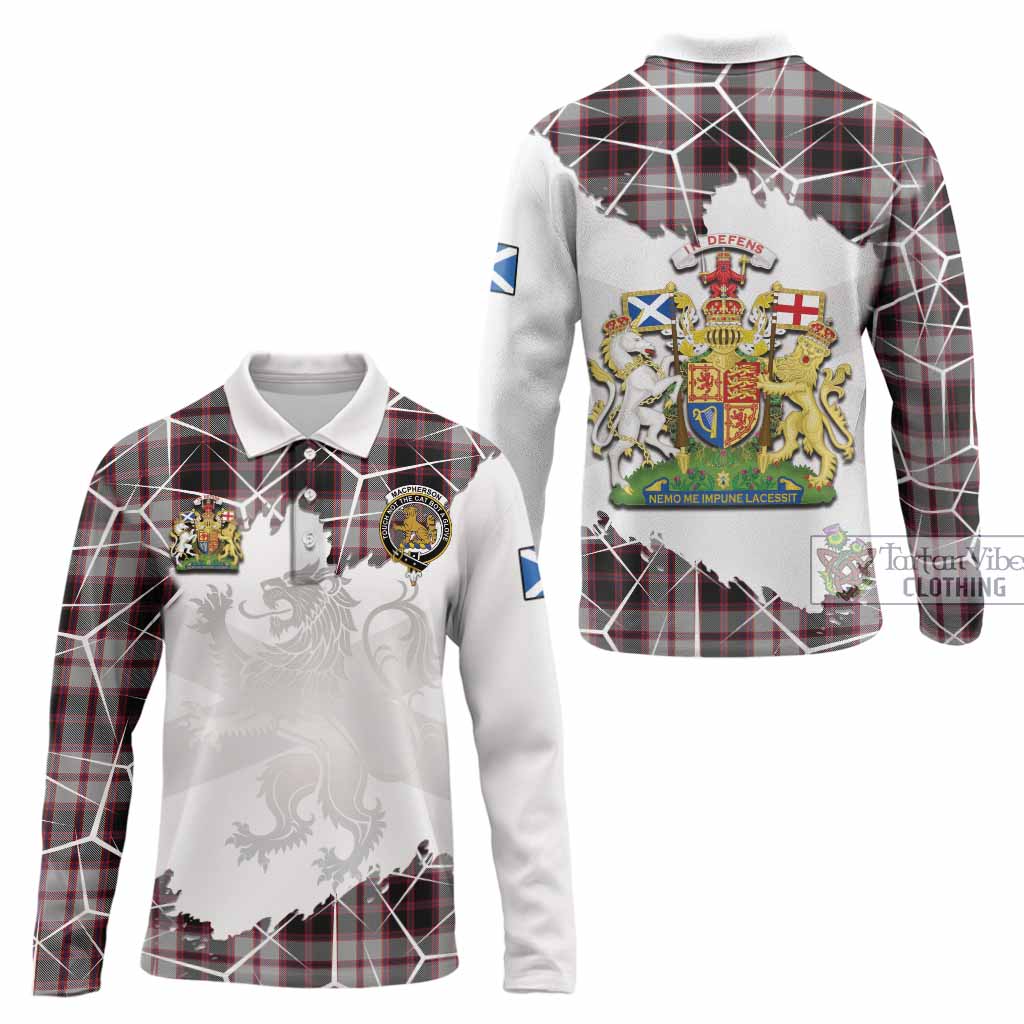 MacPherson (McPherson) Tartan Long Sleeve Polo Shirt with Family Crest and Lion Rampant Grunge Style